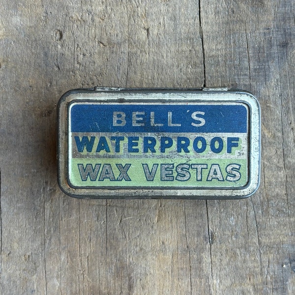 Vintage Bells Waterproof Wax Vesta Tin- antique tin, vintage storage tin small box medicine tin, metal tin, blue tin, green tin with matches