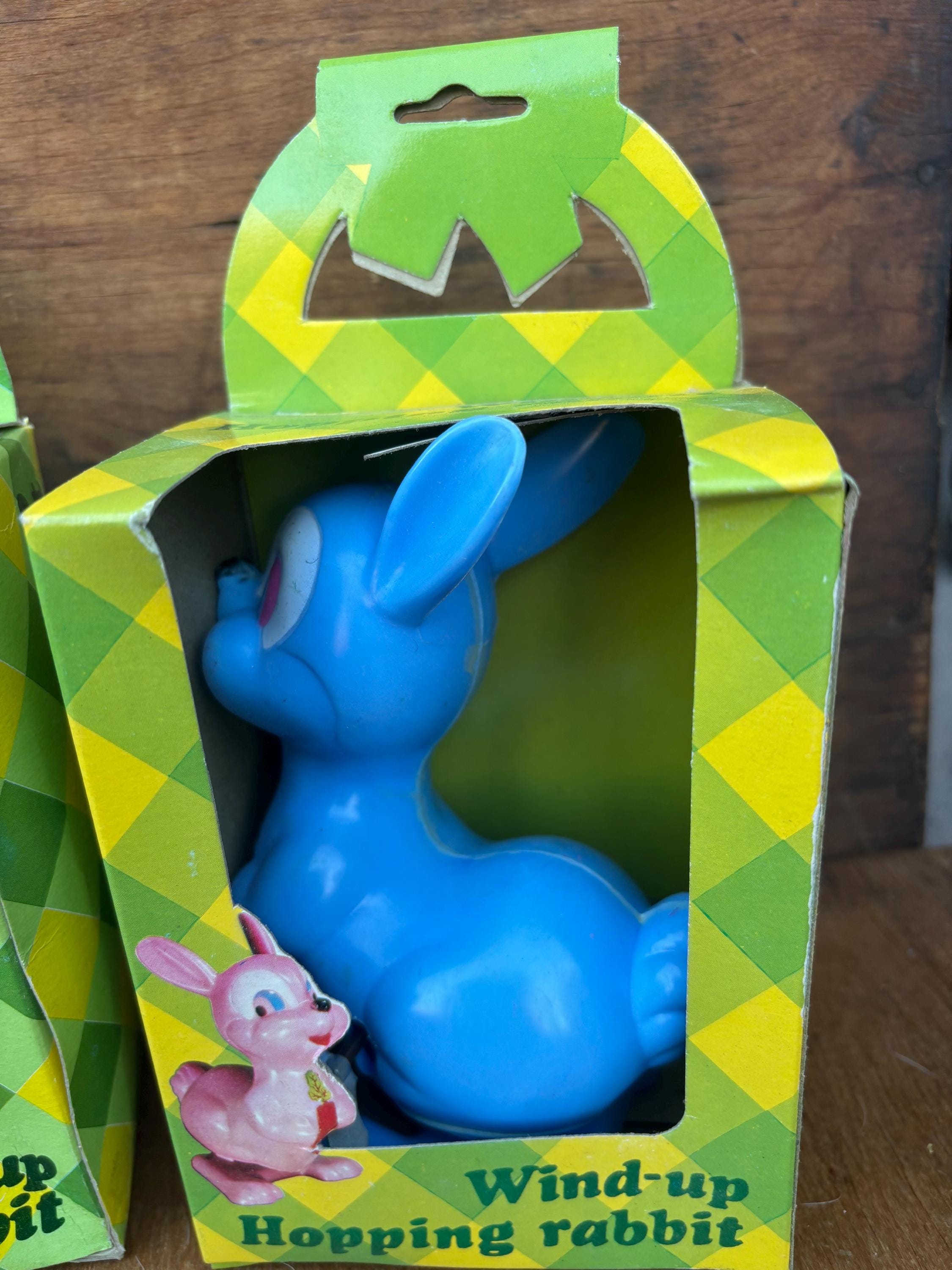 Vintage Wind up Toy Bunny Blue (1) White Wind up Hopping Rabbit