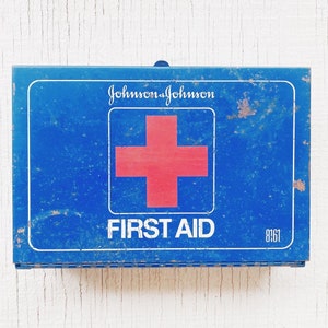 Vintage Blue Johnson and Johnson First Aid Kit, metal first aid kit tin, Medical Supply Company, emergency kit wall display, 8161