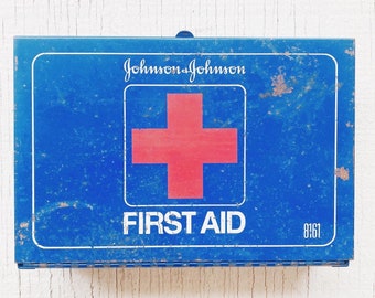 Vintage Blue Johnson and Johnson First Aid Kit, Metal First Aid