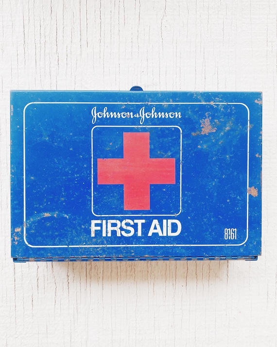 Vintage Blue Johnson and Johnson First Aid Kit, Metal First Aid