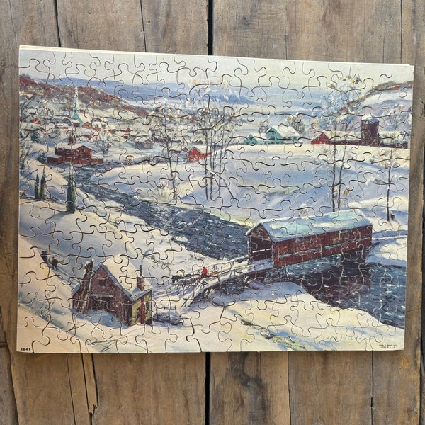 Vintage Wood puzzle Vintage children’s toy, wood winter puzzle, snow day, children’s vintage puzzle, wood puzzle, copr c moss, 1950