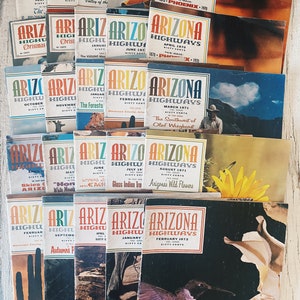 May include: A collection of vintage Arizona Highways magazines from the 1960s and 1970s. The covers feature colorful landscapes, scenic views, and iconic Arizona imagery. The magazines are in good condition and would be a great addition to any vintage magazine collection.