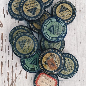 Vintage Watch Parts Small Circle tins (empty), vintage, tin container jewelers supplies tin Marco trade mark C. & E. Marshall Co. Lime green