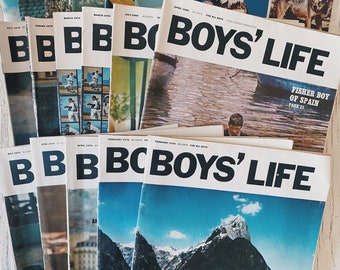 May include: A stack of vintage Boys' Life magazines from the 1970s. The covers feature a variety of illustrations and text, including a bald eagle, a wolf, and a boy fishing. The magazine titles are in bold black text.