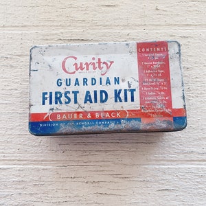 Vintage Blue and Red Curity Guardian First Aid Kit, metal first aid kit tin, Bauer and Black Kendall company emergency kit filled band aids