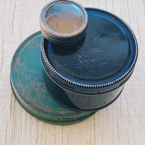Vintage Circle tins, vintage, metal tin, tin container, box, cylinder tin, circular tin, supplies, Green black and silver tin circle tin T1