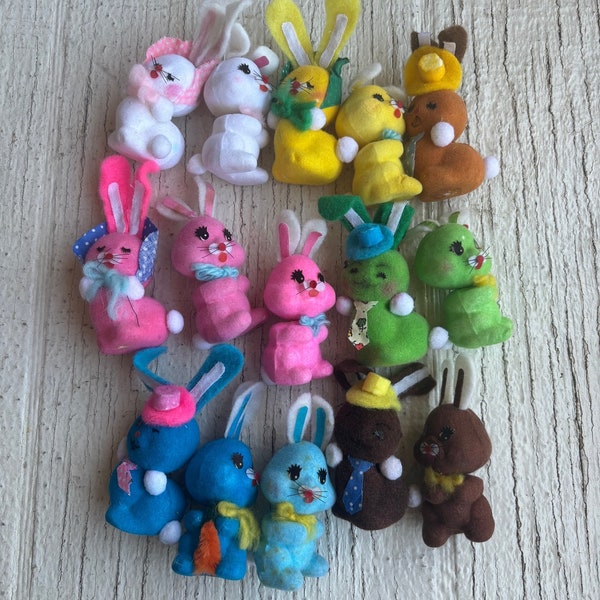 Vintage Easter Felt flocked Bunny toys (1) made by Easter unlimited, bunny, vintage children’s toys bright colors brown, blue, yellow purple