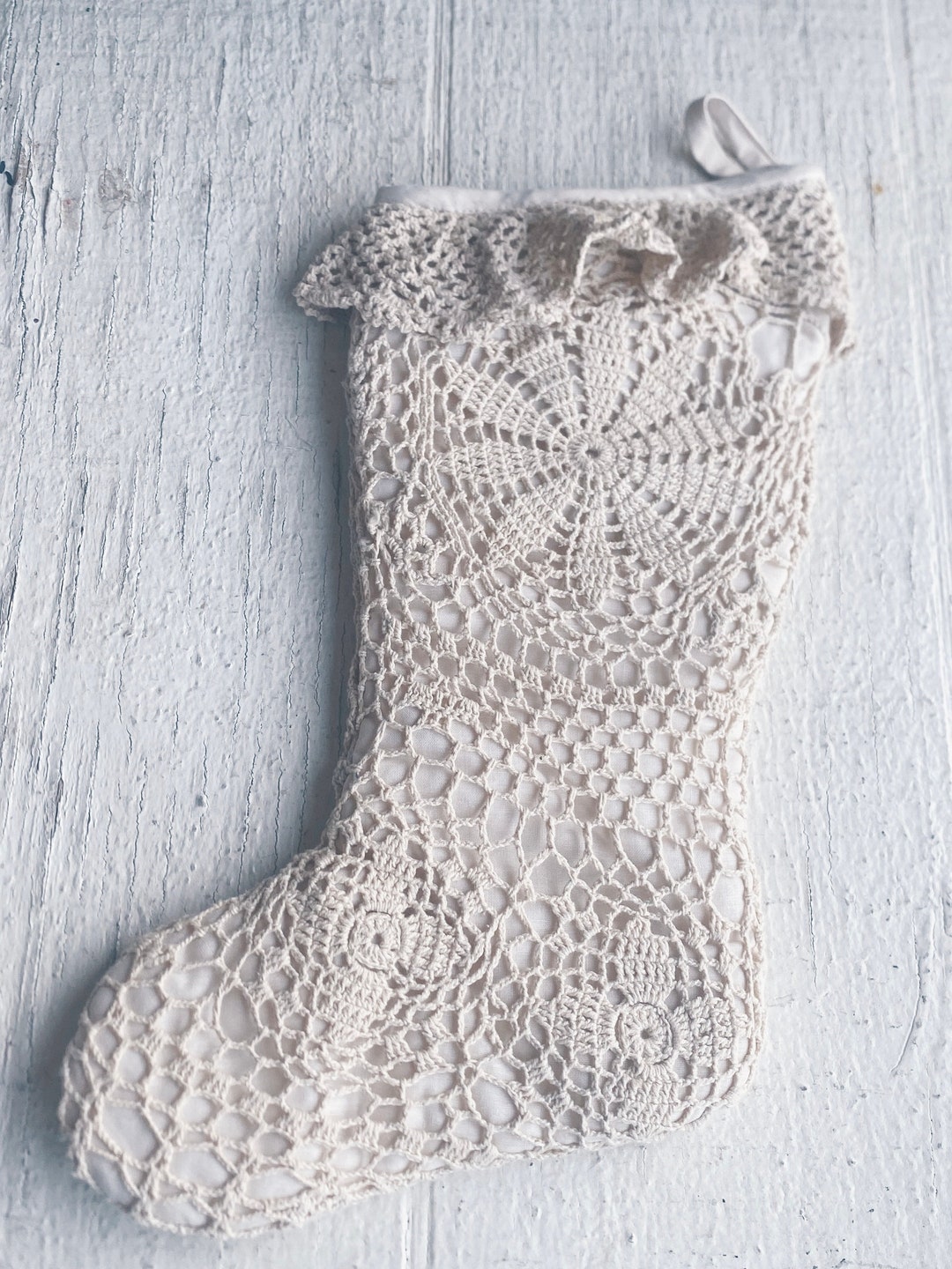 Lace Stocking Pattern Vintage Lace Christmas Stocking Macrame Handmade Stocking, Cream White ...