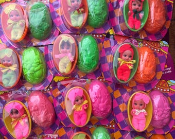 Vintage Easter Bunny Bunting Doll (1) tiny baby doll made by Easter unlimited, Easter bunny doll vintage bright color, kitschy yellow, pink