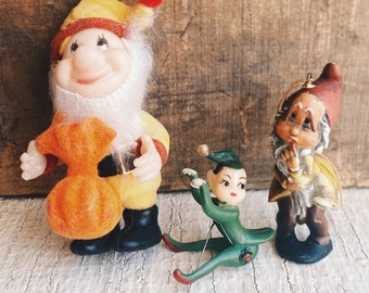 Vintage elf figures Christmas decor, elf on the shelf gnome felt plastic dwarf little decor, Christmas figurines Christmas dwarf