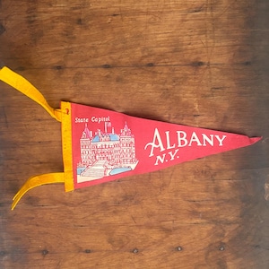 Vintage Pennant Albany, NY Pennant Vintage souvenir travel souvenir memoribilia, collectible home decor state capital red and yellow