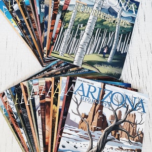 May include: A stack of vintage Arizona Highways magazines with colorful covers featuring scenic landscapes and the text "Arizona Highways" and "Special Collector's Issue".