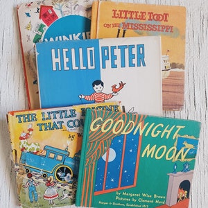 Vintage Childrens Books winkies world, little toot on the mississippi, hello Peter, the little engine that could, goodnight moon, 1950s 1970