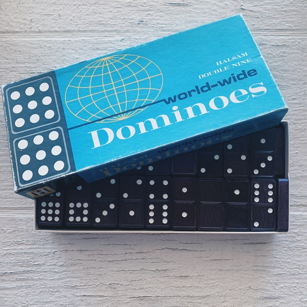 vintage World Wide Dominos Set- Halsam double neuf, plyskool, dominos en bois avec boîte originale, jeu d’enfant de dominos âgés, carte du monde, globe, 55