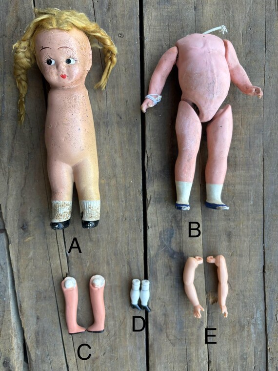 Vintage Composition Doll Parts, Doll Leg, Doll Head, Bisque, Dory