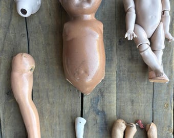 Vintage Composition Doll Parts, Doll Leg, Doll Head, Bisque, Dory