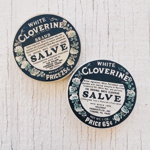 Vintage White Clovertine tins, vintage, salve tin, tin container, box, cylinder tin, circular, vintage circle tins, the Wilson, hilcrest