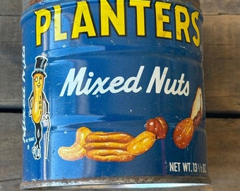 Vintage Planters Tin- Cylinder Tin, Planters Mixed Nuts Navy Blue