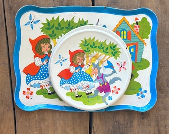 Vintage tin tray and plates red riding hood children’s tea set nursery rhyme animal silver tin plates, tea plate set 1 tray 5 plates TB1