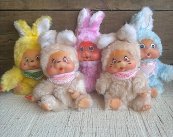 Vintage Bunny babydoll (1), yellow, blue, pink, tan, bunny doll baby doll bunny costume real baby bunny costume, babydoll, plush E2