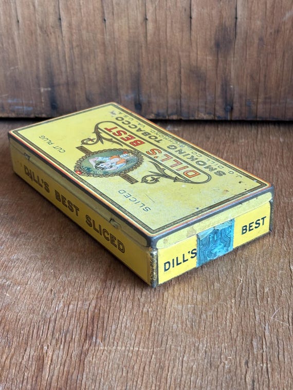 tobacco metal box Vintage Yellow Dill' Best Sliced Smoking Tin Box- Yellow Tin, Vintage Metal Box, Hardware Box, Display Richmond VA Tin T1 this handy little container is good for keeping any small items safe Lot - DUTCH TOBACCO BOX