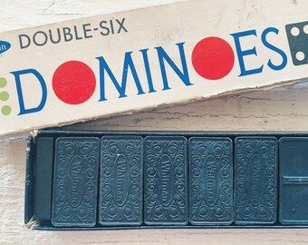 Vintage Dominos Set- domino box with an old set of dominos aged dominos childs game, Whitman dominos, double six dominos, original box