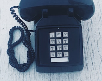 Vintage Black home Cortelco push button phone, desk phone, single line, original cord, handset cord, handheld, classic cord phone