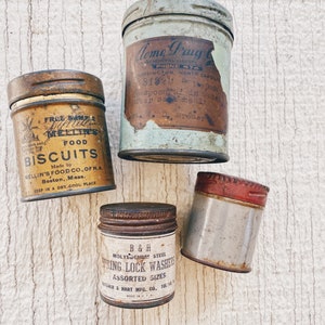 Vintage Cylinder tins, vintage, metal tin, tin container, box, cylinder tin, circular tin, supplies, Acme drug, biscuit tin circle tin T1