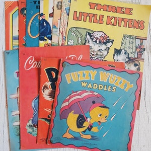 Vintage Childrens Books fuzzy Wuzzy waddles, three little kittens, animal book, the picture book, the night before Christmas, big circus