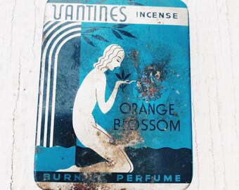 Vintage Vantines Incense Tin- New York , vintage storage tin small box A. A. Vantine & Co. tin, metal tin, blue tin burning perfume, deco T1