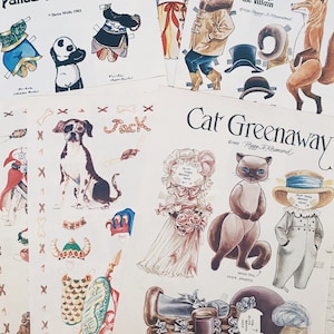 May include: A set of vintage paper dolls featuring a panda family, a dog named Jack, a cat named Cat Greenaway, and a wolf in a cheapsuit. The paper dolls are printed on white paper with colorful illustrations.