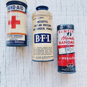 Vintage Medical tins- band-aid tin, BFI tin, sentinel tin, medical vintage storage tin small box medicine tin metal tin, blue and red tin