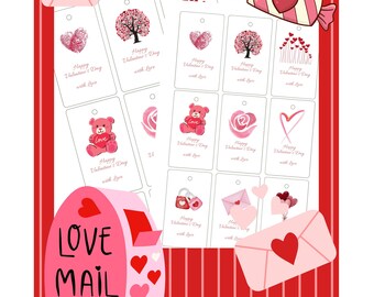 Tags Valentine's day, Printableabels, Digital Download, A4 Printable