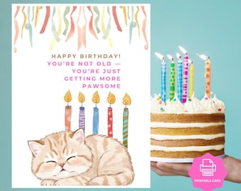 Instant Download Printable Funny Cat Birthday Card, Digital Kitty Greeting Cards for Art Lovers