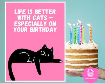 Instant Download Printable Funny Cat Birthday Card, Digital Kitty Greeting Cards for Art Lovers