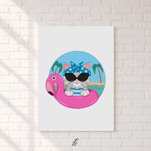 Arte de Gato na Praia, Gato no Flamingo, Ilustração Divertida de Gato, Decoração Verão, Printable