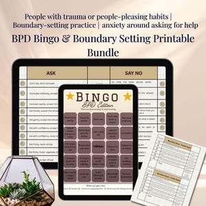 May include: A digital BPD Bingo & Boundary Setting Printable Bundle. The image shows a tablet and a smaller tablet displaying a bingo card with phrases like "Don't ask, don't insinuate" and "Say No". A printed guide is also visible.