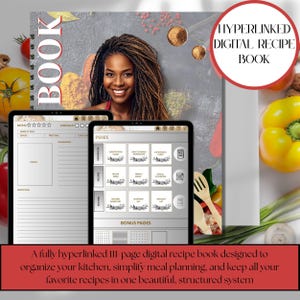 May include: A digital recipe book with a woman's portrait on the cover, and the text "BOOK". The book is open to a tablet displaying an index and recipe pages. The text "HYPERLINKED DIGITAL RECIPE BOOK" is in a red circle.