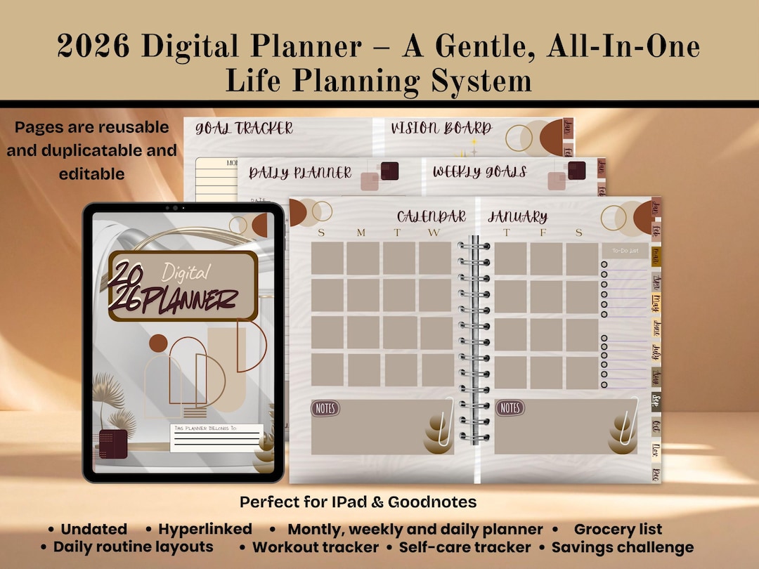 Beige 2026 Hyperlinked Digital Planner, Undated, Weekly Daily, Self ...