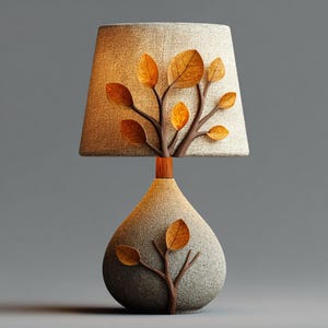 May include: A table lamp featuring a textured, beige, conical fabric shade adorned with a brown branch and orange leaf motif. The base is a teardrop-shaped, speckled gray stone-like material, also decorated with a brown branch and orange leaves.