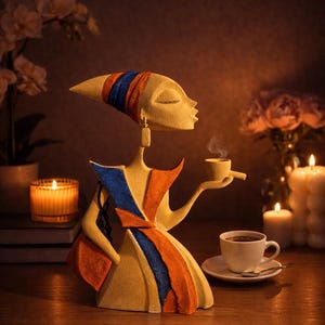 Arte único disfrutando con café y cigarro, escultura de objeto artístico