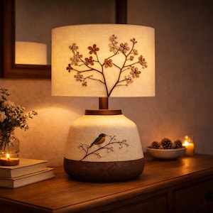 Puede incluir: Una lámpara de mesa decorativa con una pantalla de color crema con un diseño de rama floral. La base de la lámpara es blanca con una base marrón y un pájaro pintado en una rama. La lámpara está sobre una superficie de madera.