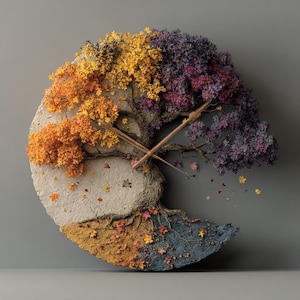 Pode incluir: Um relógio de parede circular com um design de árvore esculpida com ramos e folhas texturizadas. A folhagem transita de laranja e amarelo vibrantes à esquerda para um roxo profundo à direita. Ponteiros de madeira finos centrados no tronco.
