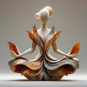 Può includere: Una scultura testurizzata di una figura in posizione di meditazione seduta. La figura presenta testa e busto lisci color bianco sporco, mentre la parte inferiore del corpo e le spalle sono decorate con forme a petalo stratificate nei toni ruggine, arancione e grigio ardesia.