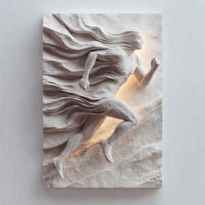 May include: A white, textured relief sculpture of a running figure. The figure is depicted mid-stride, with flowing hair and drapery, suggesting movement. The sculpture is mounted on a rectangular panel, with a warm light illuminating the figure.
