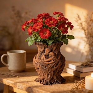 Könnte beinhalten: Eine braune Keramikvase in Form eines Baumstamms mit einem Design eines sich umarmenden Paares. Die Vase enthält leuchtend rote Blumen und grünes Laub. Eine Tasse, Bücher und eine brennende Kerze stehen auf einem Holztisch.