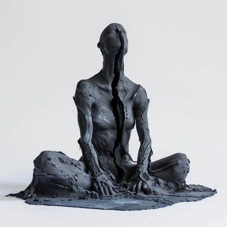 May include: A matte black sculpture of a seated figure in a cross-legged position. The figure features a vertical split running from the top of the head down through the torso, with a rough, textured surface resembling cracked earth or dried mud.