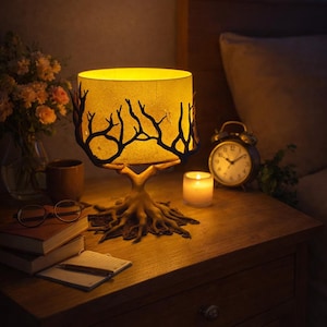 May include: A tree-shaped table lamp with a brown root base and a lampshade with a tree branch design. The lamp sits on a wooden bedside table with a candle, books, and an alarm clock. The warm light creates a cosy atmosphere.