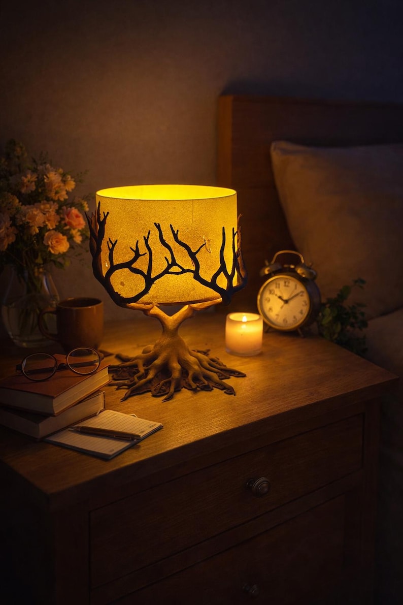 May include: A tree-shaped table lamp with a brown root base and a lampshade with a tree branch design. The lamp sits on a wooden bedside table with a candle, books, and an alarm clock. The warm light creates a cosy atmosphere.